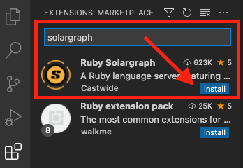2. No campo de busca digite ruby solargraph ou solargraph. Depois, clique em install.