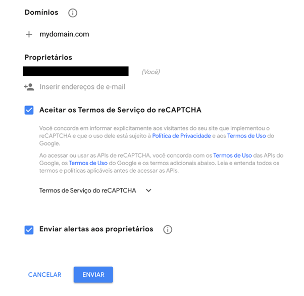 Adicione seu domínio e marque Aceitar os Termos de Serviço do reCAPTCHA. Em seguida, clique em ENVIAR.