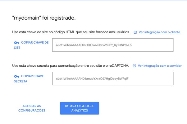 Ao clicar em Enviar, você será redirecionado para a página que contém as chaves para inserir em seu formulário.